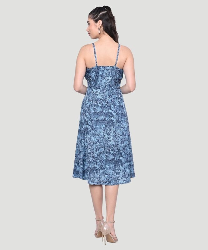 Women's Blue Abstract Print Regular Fit A-line Midi Dress